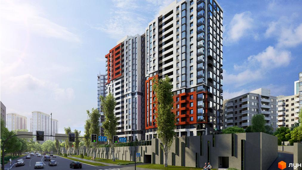 Високоповерхові будинки ЖК CITY HUB з фасадами білого, червоного та сірого кольорів. Біля будинків зелені дерева та дорога з автомобілями.