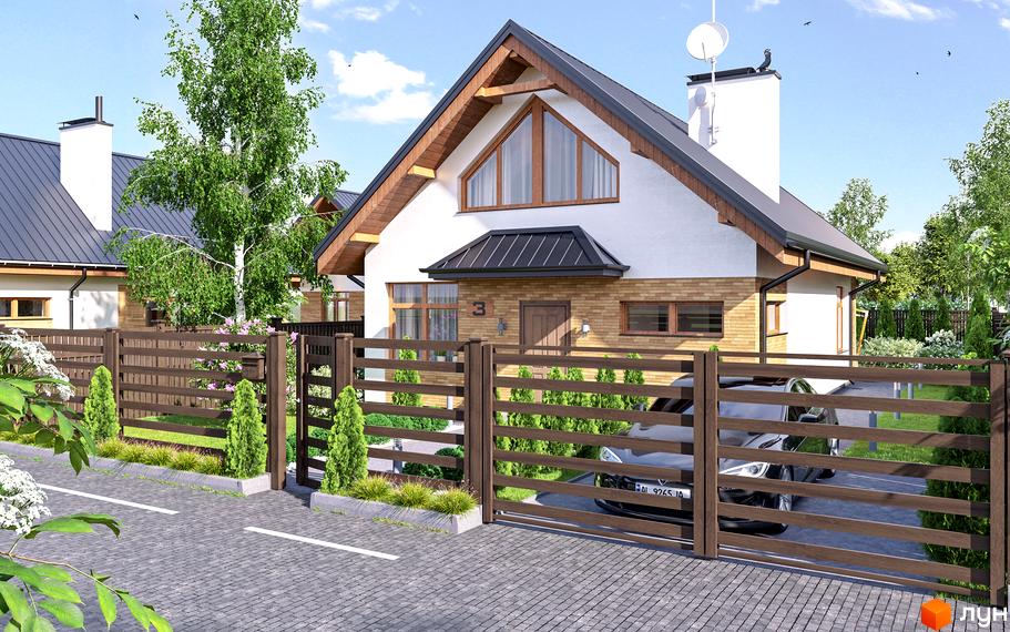 Котеджне містечко КМ Liberty: двоповерховий будинок з цегляним фасадом та дерев'яними елементами, огороджена територія з доглянутим газоном та парканом.