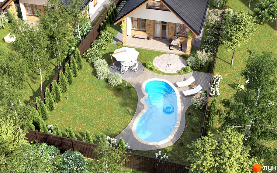 Котеджне містечко Liberty: двоповерховий будинок з терасою, басейном, газоном та зоною відпочинку.