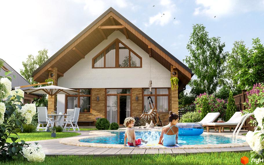 Котеджне містечко KM Liberty: двоповерховий будинок з цегляним фасадом, великими вікнами та зоною відпочинку з басейном та лежаками.