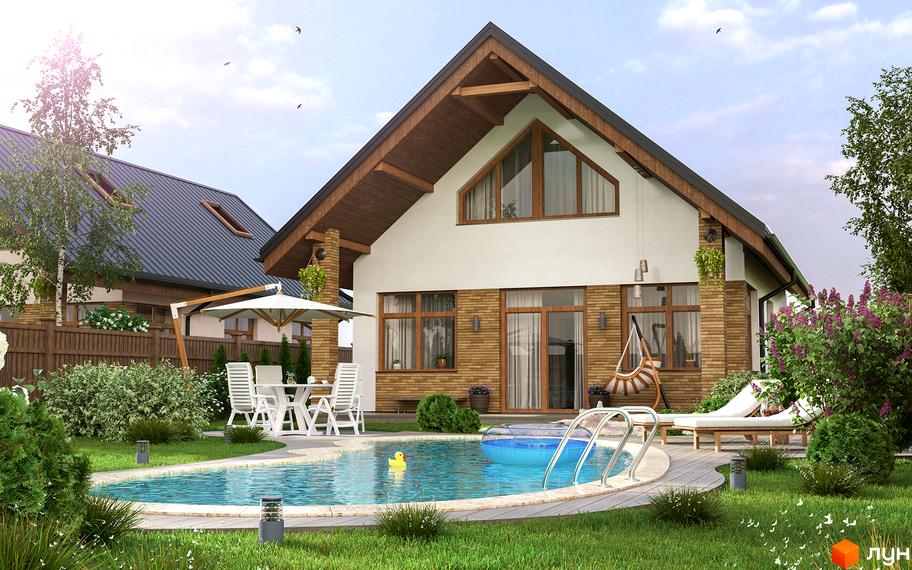 Котеджний комплекс Liberty з басейном та зоною відпочинку. Просторий будинок з панорамними вікнами та терасою, оточений зеленим газоном.