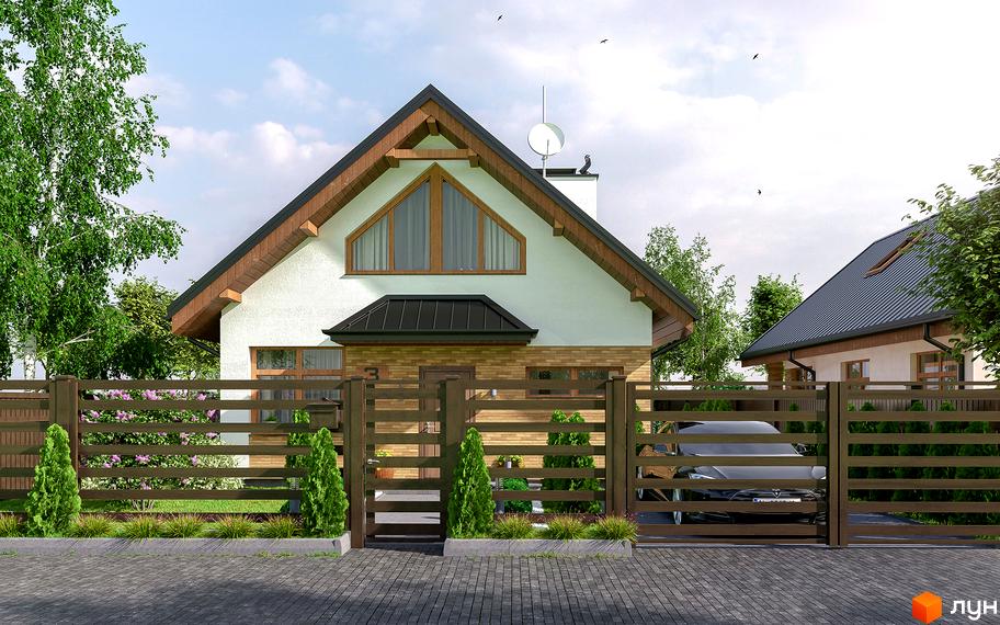 Котеджне містечко Liberty: двоповерховий будинок з трикутним вікном під скатним дахом, огороджений дерев'яним парканом з воротами, за якими видно автомобіль та зелені насадження.