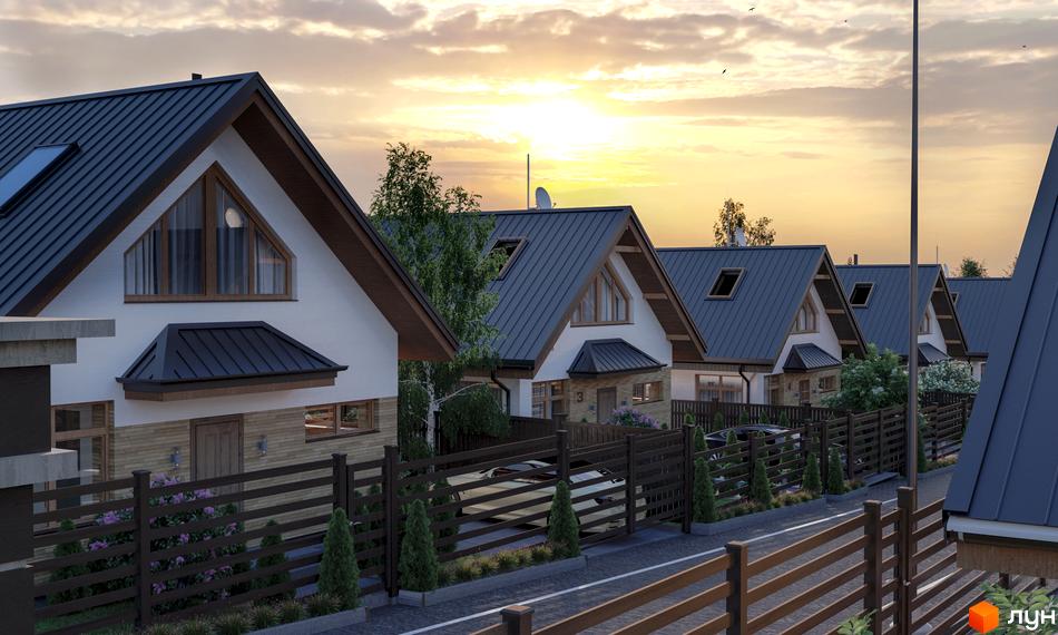 Котеджне містечко КМ Liberty: фасади будинків з темним дахом та вікнами трикутної форми, огороджена територія з парканом та деревами.