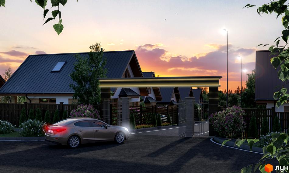 Котеджне містечко Liberty: сучасні будинки з трикутними дахами та огородженою територією з алеями та освітленням.