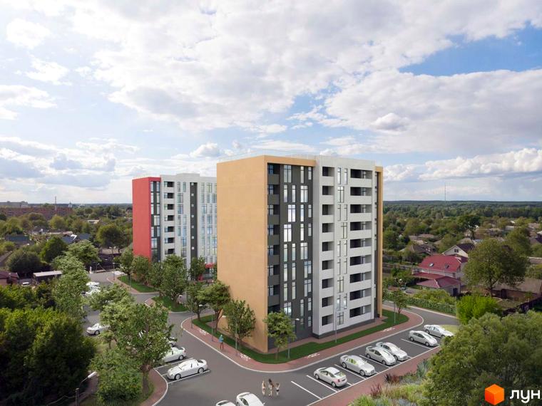 Житловий комплекс Андріївський: двоколірні багатоповерхові будинки з сірими та червоними фасадами, парковка з білими автомобілями та зелена прибудинкова територія.