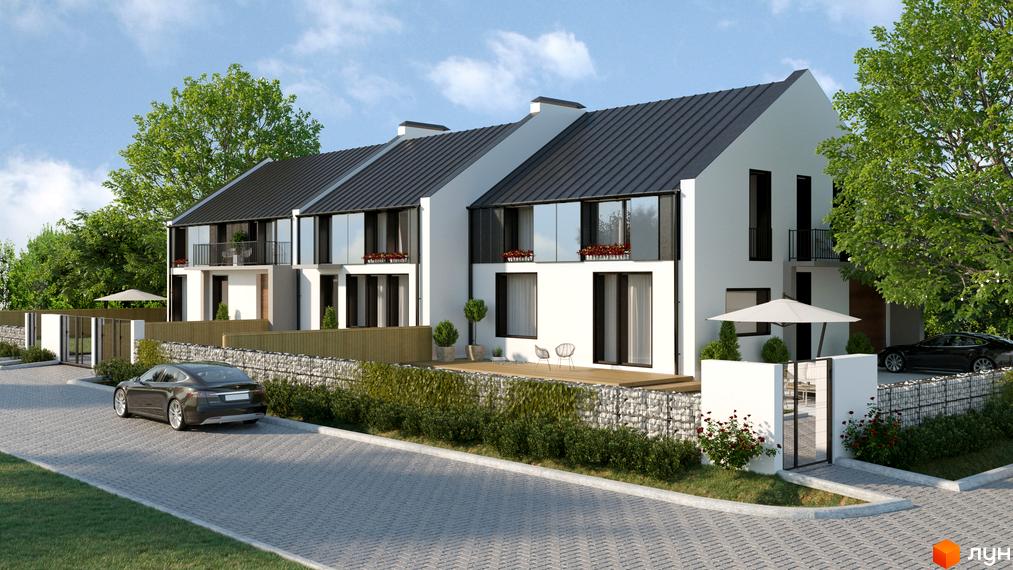 Таунхауси MODERN: білі двоповерхові будинки з темним дахом, великими вікнами та балконами. Прибудинкова територія з бруківкою, парканом та зеленими насадженнями.