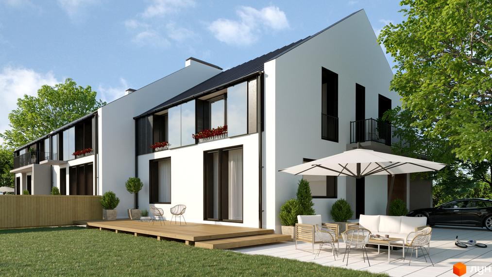 Білі таунхауси MODERN з панорамними вікнами, терасами та газонами. На території Житловий комплекс є зона відпочинку з меблями та парасолькою.