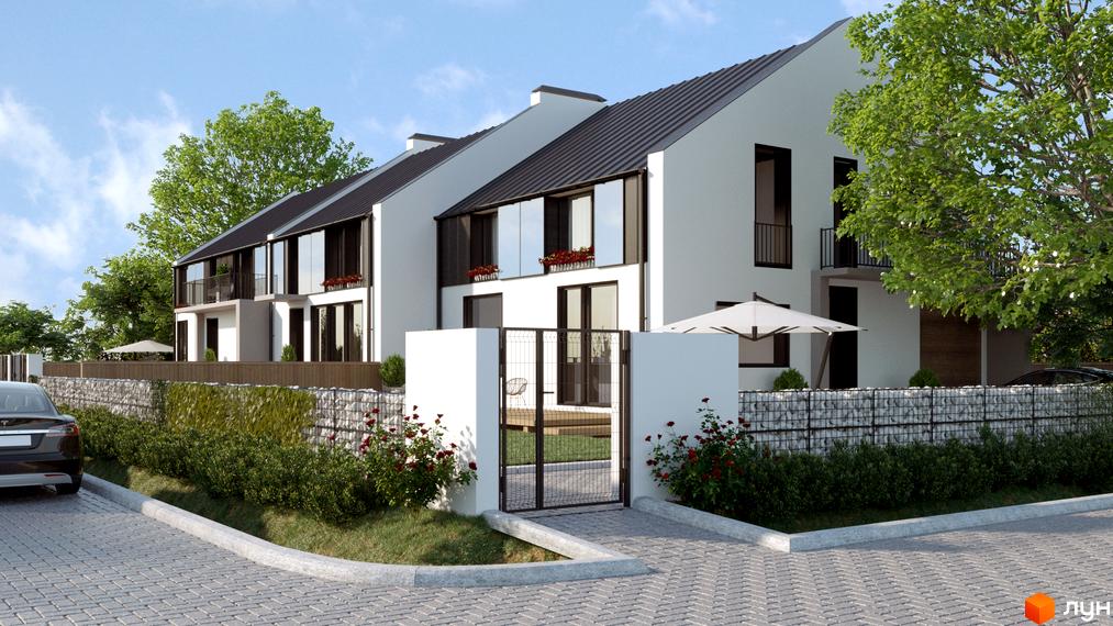 Таунхауси MODERN: фасади білих будинків з темним дахом, великими вікнами та балконами. Прибудинкова територія з кам'яним парканом, зеленню та бруківкою.