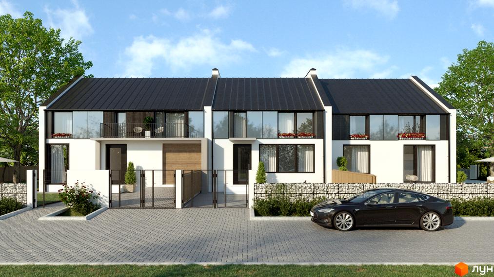 Таунхауси MODERN – це двоповерхові будинки з чорними дахами та великими вікнами, розташовані на вимощеній бруківкою території з зеленими насадженнями та автомобілем.