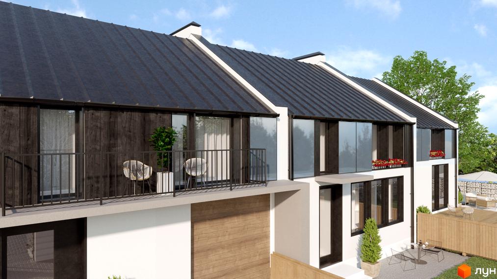 Зображення сторінки ЖК MODERN: триповерхові таунхауси з темним дахом, балконами та панорамними вікнами. На території є тераса з меблями та зелені насадження.