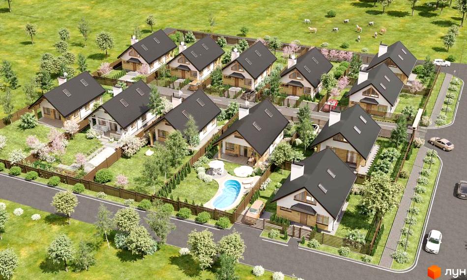 Котеджне містечко Liberty. Одноповерхові будинки з темними дахами та світлими фасадами, огороджені парканом, з власними дворами та басейном.