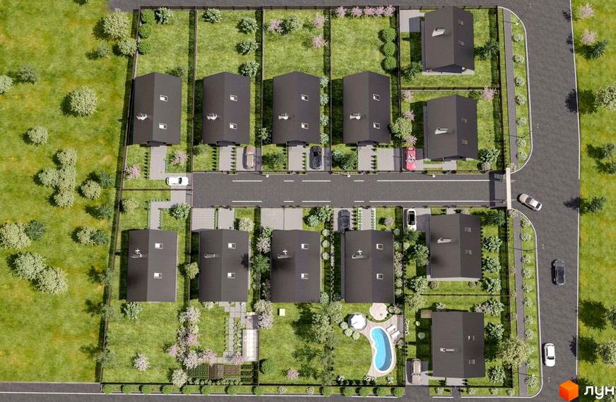 Котеджне містечко Liberty: котеджі з темними дахами та доглянутою прибудинковою територією з газонами, деревами та місцями для паркування авто.