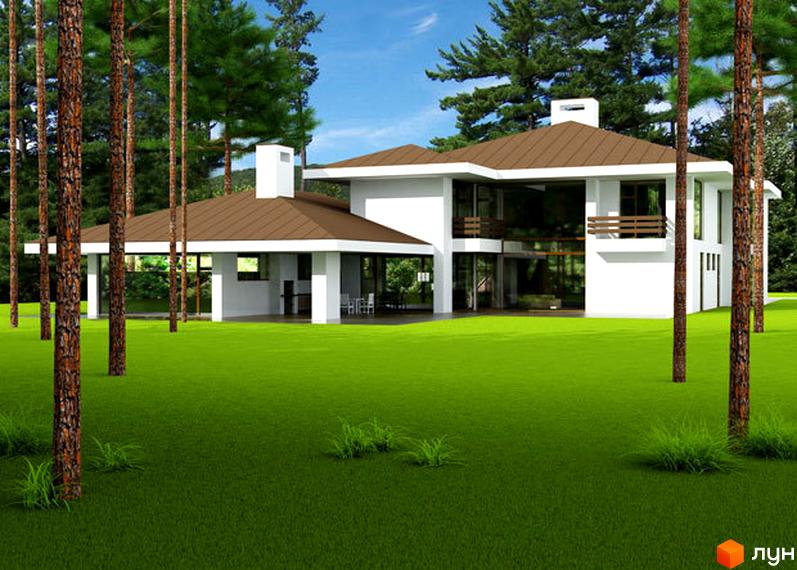 Зовнішній вигляд будинку житлового комплексу КМ Лісовий Едем з зеленим газоном та соснами на прибудинковій території.