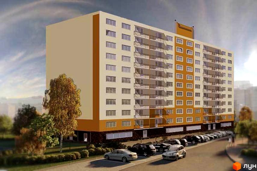 Зовнішній вигляд новобудови на вул. Європейська, 84/3 з парковкою та деревами. Багатоповерховий будинок з балконами та вікнами.