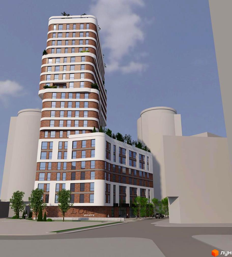 Житловий комплекс Loft White – це висотна новобудова з цегляним фасадом та білими виступаючими елементами, оточена деревами та з облаштованою прибудинковою територією.