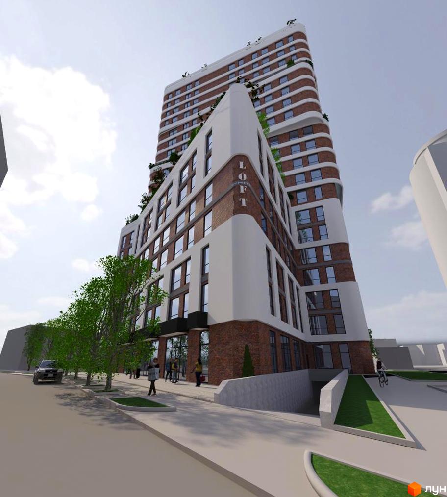 Зовнішній вигляд житлового комплексу Loft White з цегляним фасадом та білими елементами. Навколо комплексу розташовані дерева та доглянута прибудинкова територія.