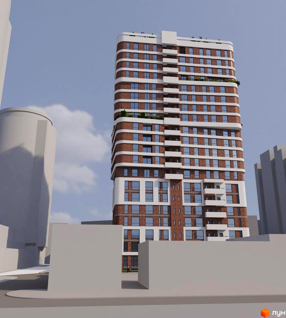 Зображення Житлового комплексу Loft White: багатоповерховий будинок з коричневої цегли з білими елементами та закругленими кутами. Видно вікна, балкони та прибудинкову територію.