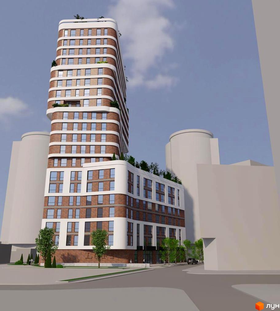 Новобудова Loft White з цегляним фасадом та вигнутими білими елементами, що доповнюється зеленими насадженнями та доглянутою прибудинковою територією.