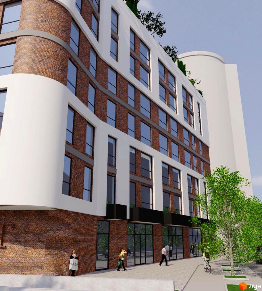 Новобудова Loft White з цегляним фасадом та великими вікнами. Навколо будинку зелені дерева та пішохідна зона.