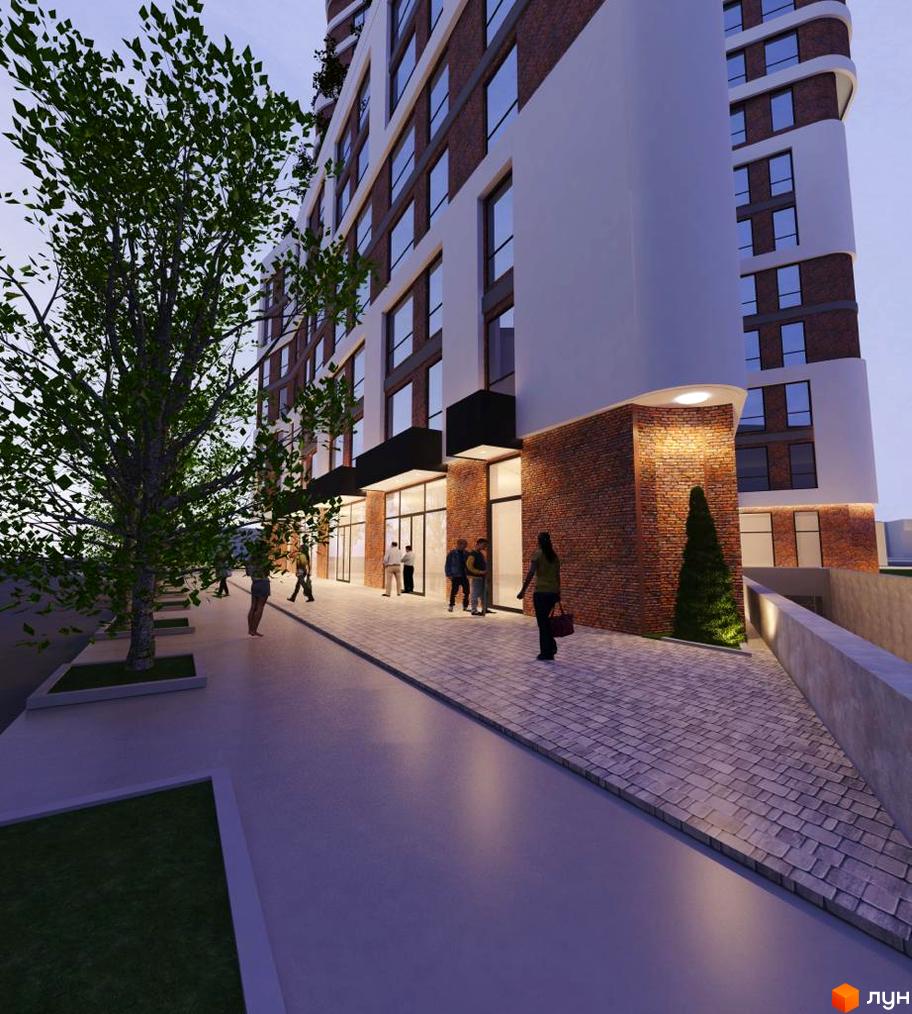 Фасад Житлового комплексу Loft White з білими та цегляними елементами, великими вікнами. Перед будинком вимощена доріжка з деревами та людьми.