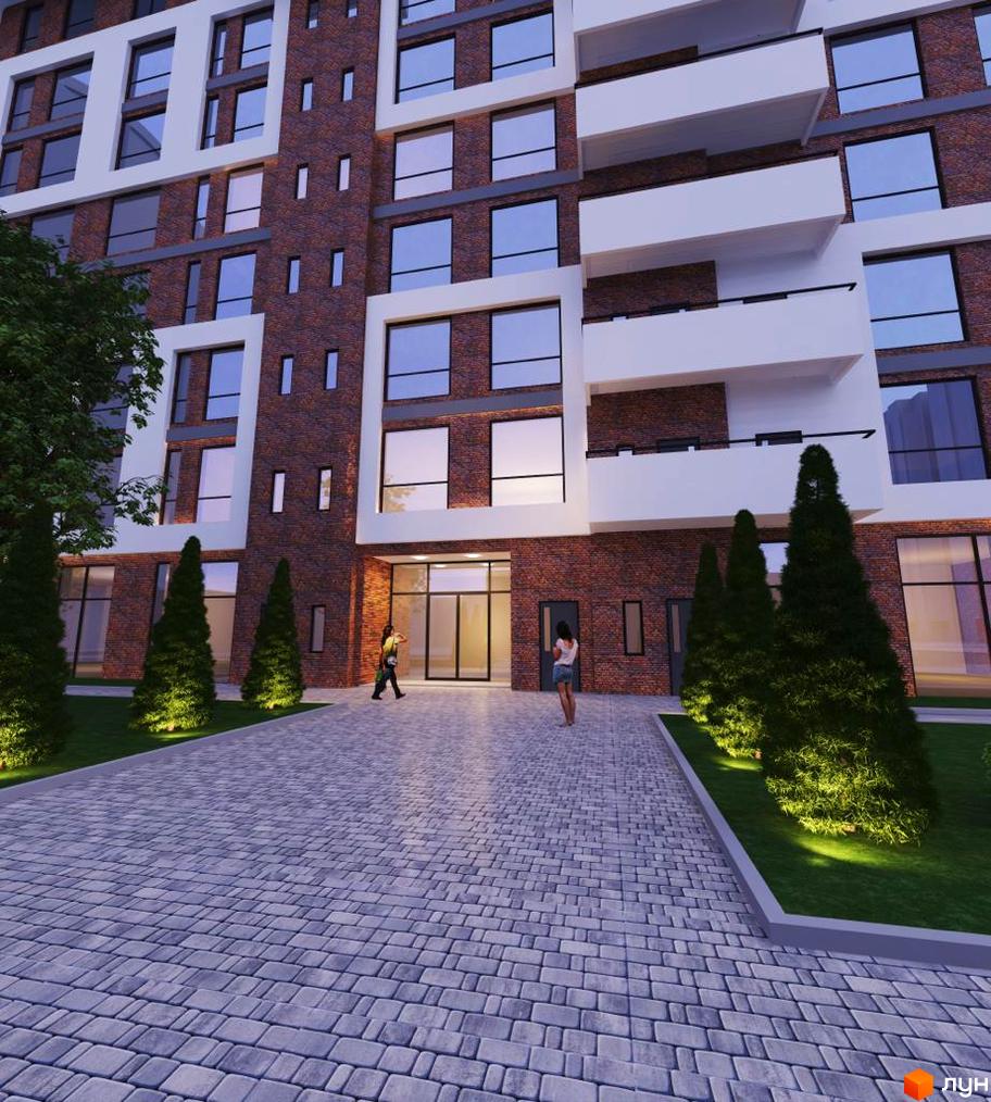 Житловий комплекс Loft White з фасадом з цегли та білих елементів, великими вікнами. Прибудинкова територія з бруківкою, газонами та освітленими туями.