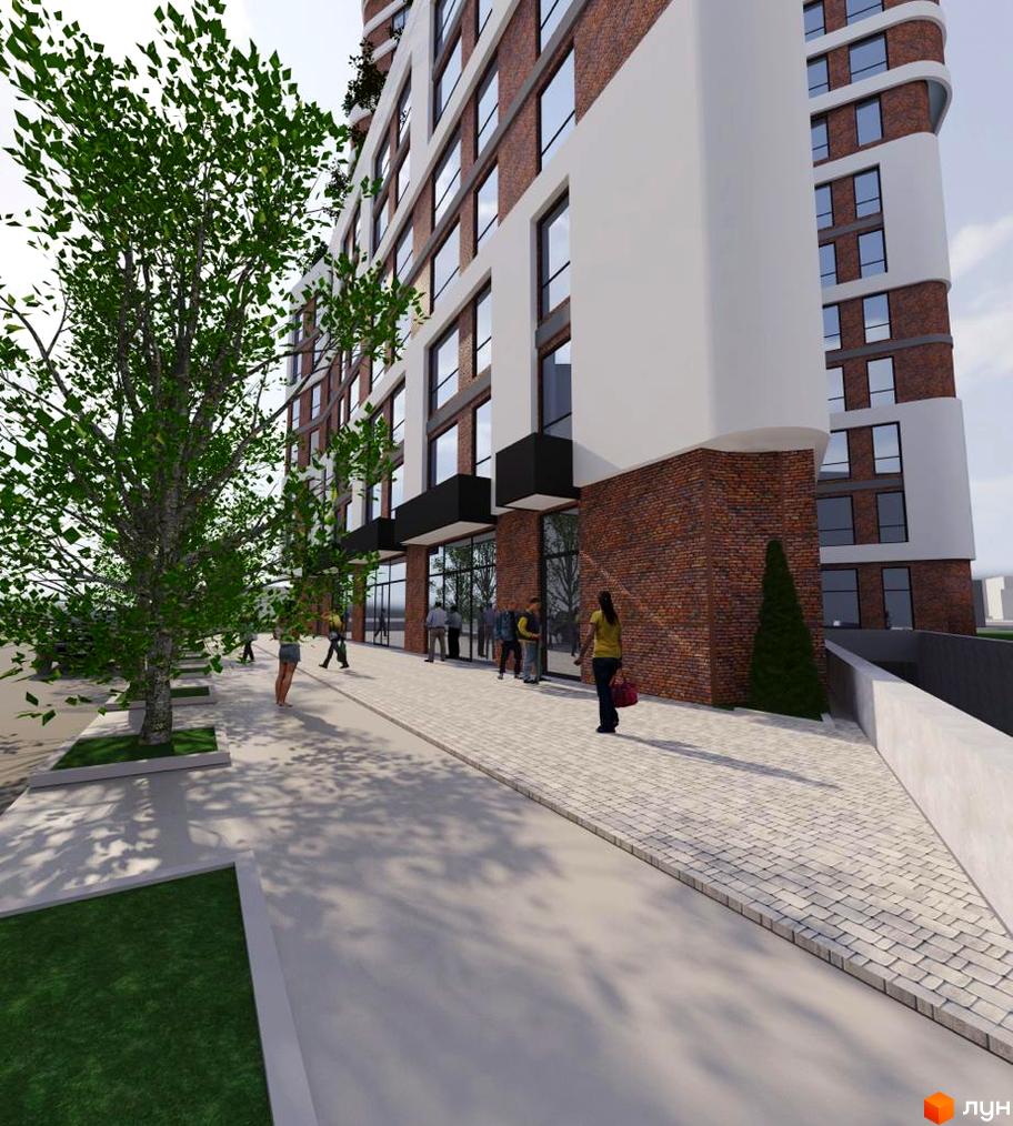 Житловий комплекс Loft White: багатоповерховий будинок з біло-цегляним фасадом та великими вікнами. Навколо – пішохідні доріжки, дерева та люди.