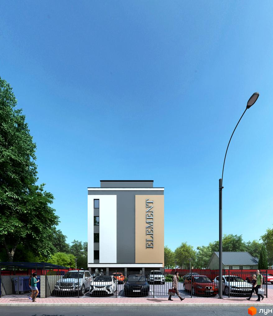 Фасад будівлі ЖК Element з парковкою та пішохідною зоною. На фасаді вивіска з назвою житлового комплексу.