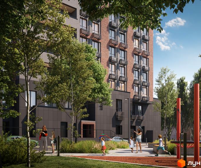 Житловий комплекс UNO City House з цегляним фасадом, сірими панелями та дитячим майданчиком. Навколо будинку зелені дерева та зона відпочинку.