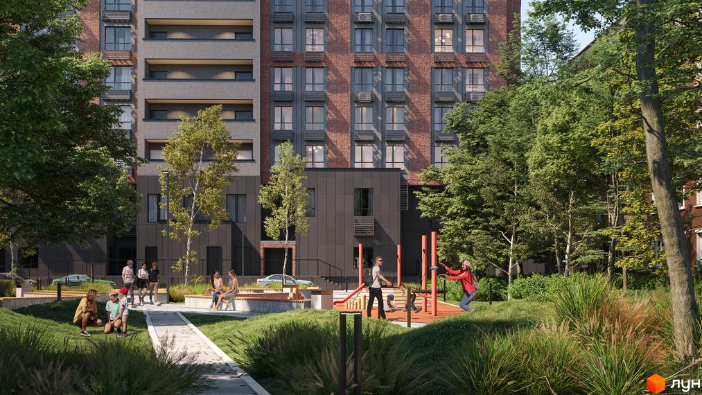 Житловий комплекс UNO City House з цегляним фасадом та сірими елементами. Прибудинкова територія з дитячим майданчиком та зонами відпочинку.