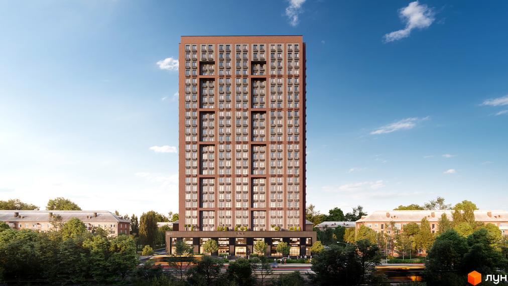 Житловий комплекс UNO City House – висотна цегляна новобудова з багатьма вікнами. Оточений деревами та іншими будівлями.