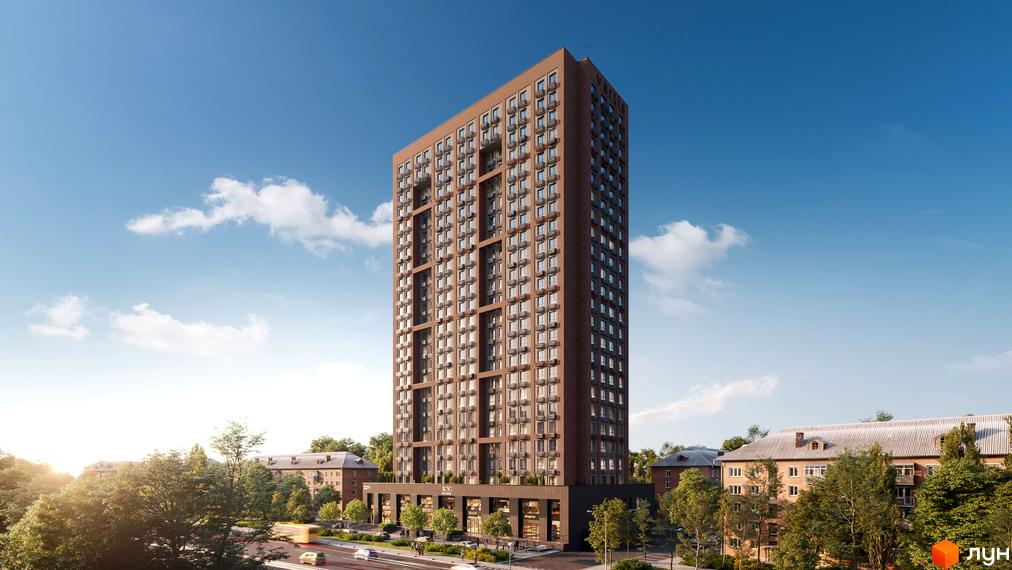 Висока коричнева новобудова UNO City House з численними вікнами та балконами. Перед будинком розташована вулиця з деревами та автомобілями.