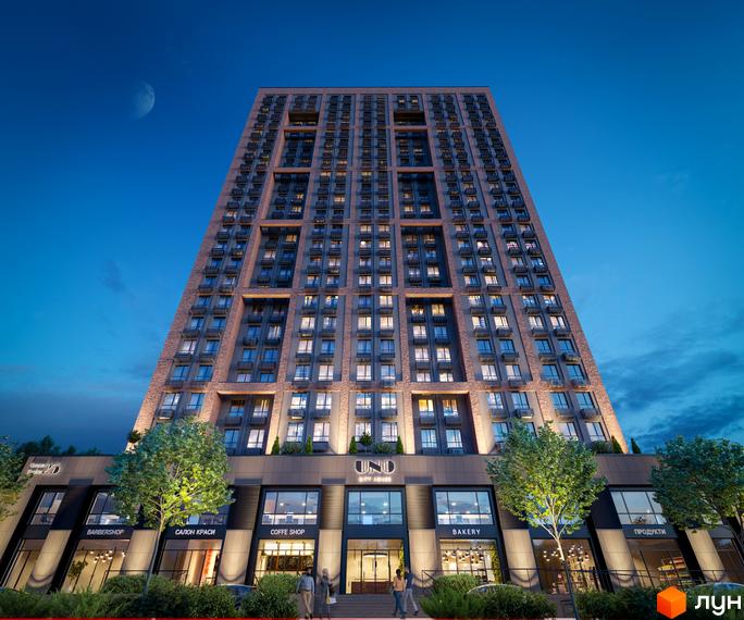 Житловий комплекс UNO City House – висотна новобудова з цегляним фасадом та численними вікнами. На першому поверсі розташовані комерційні приміщення та вхідні групи.