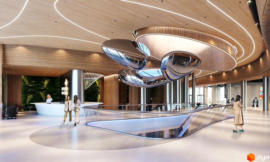 Інтер'єр лобі житлового комплексу Taryan Towers з футуристичним дизайном, підвісними скульптурами та зеленою стіною.