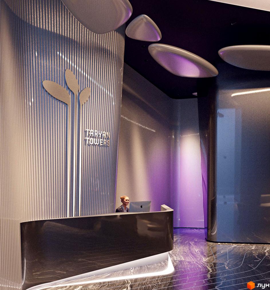 Сучасний інтер'єр рецепції житлового комплексу Taryan Towers з елементами дизайну, що нагадують рослини. На стіні видно назву 