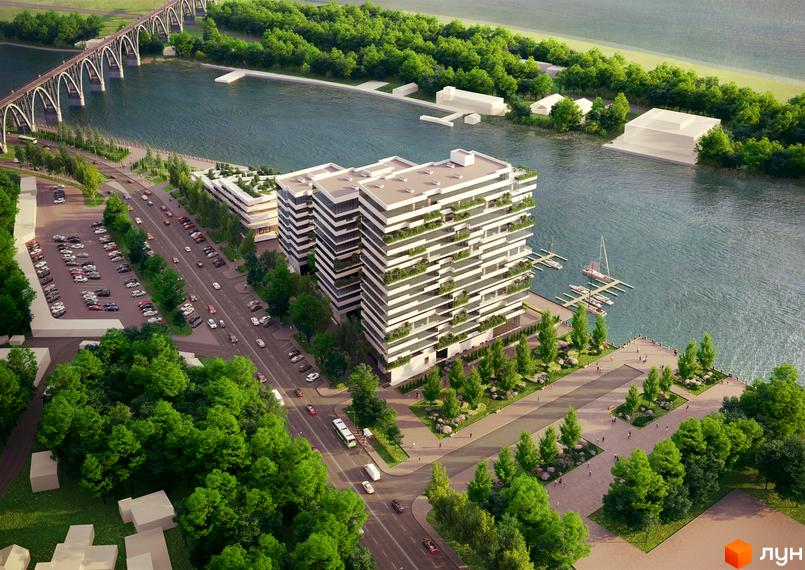 Апарт-комплекс Port City з білими фасадами та зеленню на балконах, розташований біля річки з пристанню та доглянутою набережною.