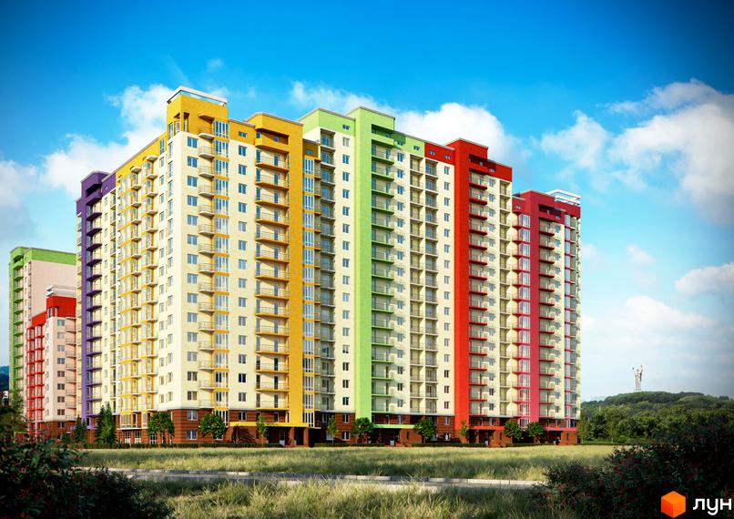 Житловий комплекс Садовий – яскрава багатоповерхова новобудова з балконами та панорамними вікнами на тлі блакитного неба. Зелена прибудинкова територія з деревами та кущами.