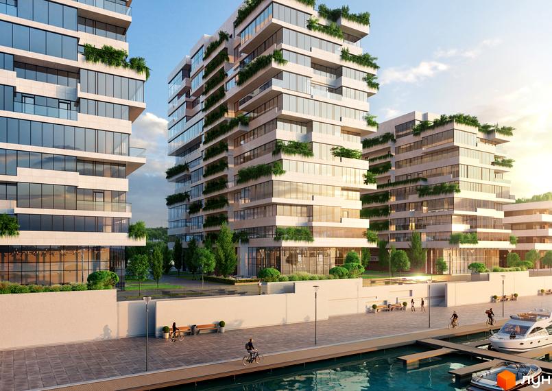 Апарт-комплекс Port City з терасами та зеленню на фасадах, розташований біля набережної з яхтами та людьми на велосипедах.
