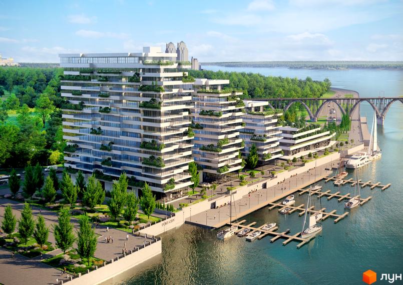 Апарт-комплекс Port City з терасами та зеленню на фасаді, розташований біля набережної з яхтами та мостом.
