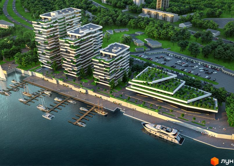 Апарт-комплекс Port City з багатоповерховими будівлями з терасами та зеленню, набережною з яхтами та прибудинковою територією з парковкою.
