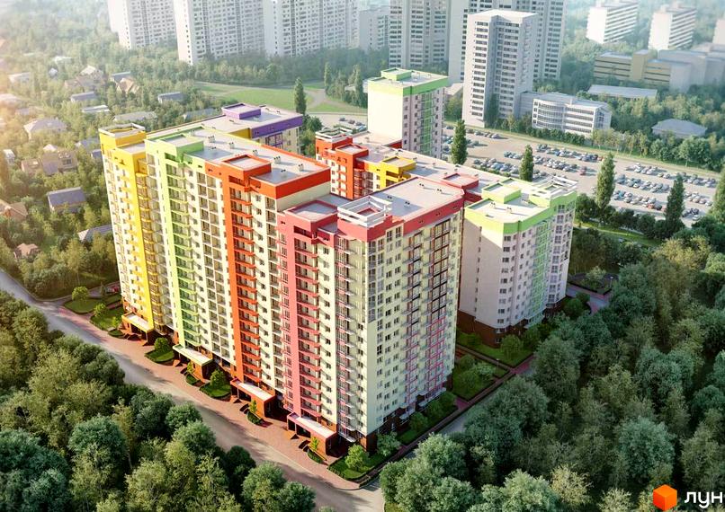 Житловий комплекс Садовий – яскрава архітектура з різнокольоровими фасадами. Огляд новобудови та прибудинкової території з висоти пташиного польоту.