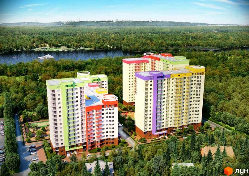 Житловий комплекс Садовий - багатоповерхові будинки з яскравими фасадами та балконами, розташовані серед зелених дерев. Поруч дорога з припаркованими автомобілями та зона відпочинку.