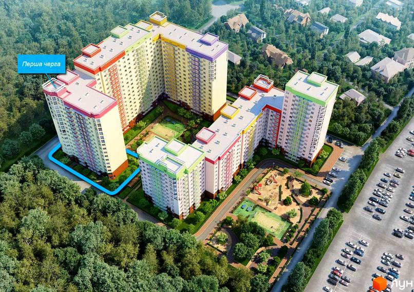 Житловий комплекс Садовий: багатоповерхові будинки з яскравими фасадами та дитячими майданчиками. Огляд території новобудови з парковкою та зеленими зонами.