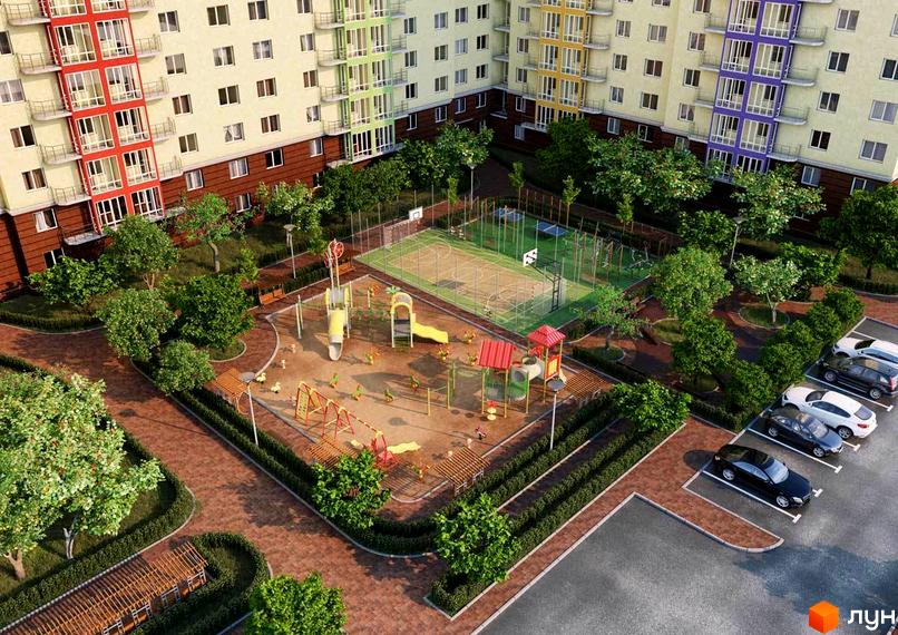 Житловий комплекс Садовий: багатоповерховий будинок з яскравими фасадами та облаштованим дитячим майданчиком і спортивною зоною.