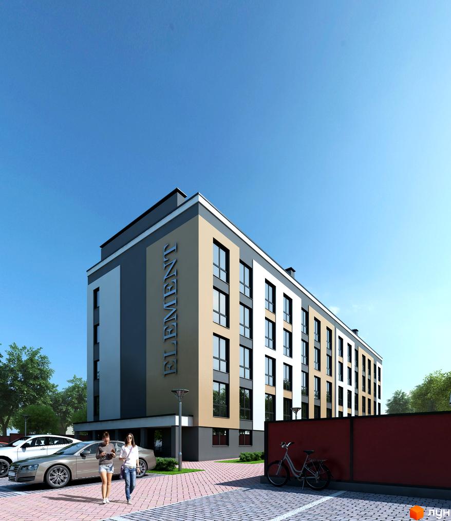 Житловий комплекс Елемент, багатоповерховий будинок у білих, сірих та бежевих тонах, з парковкою та бруківкою перед ним.