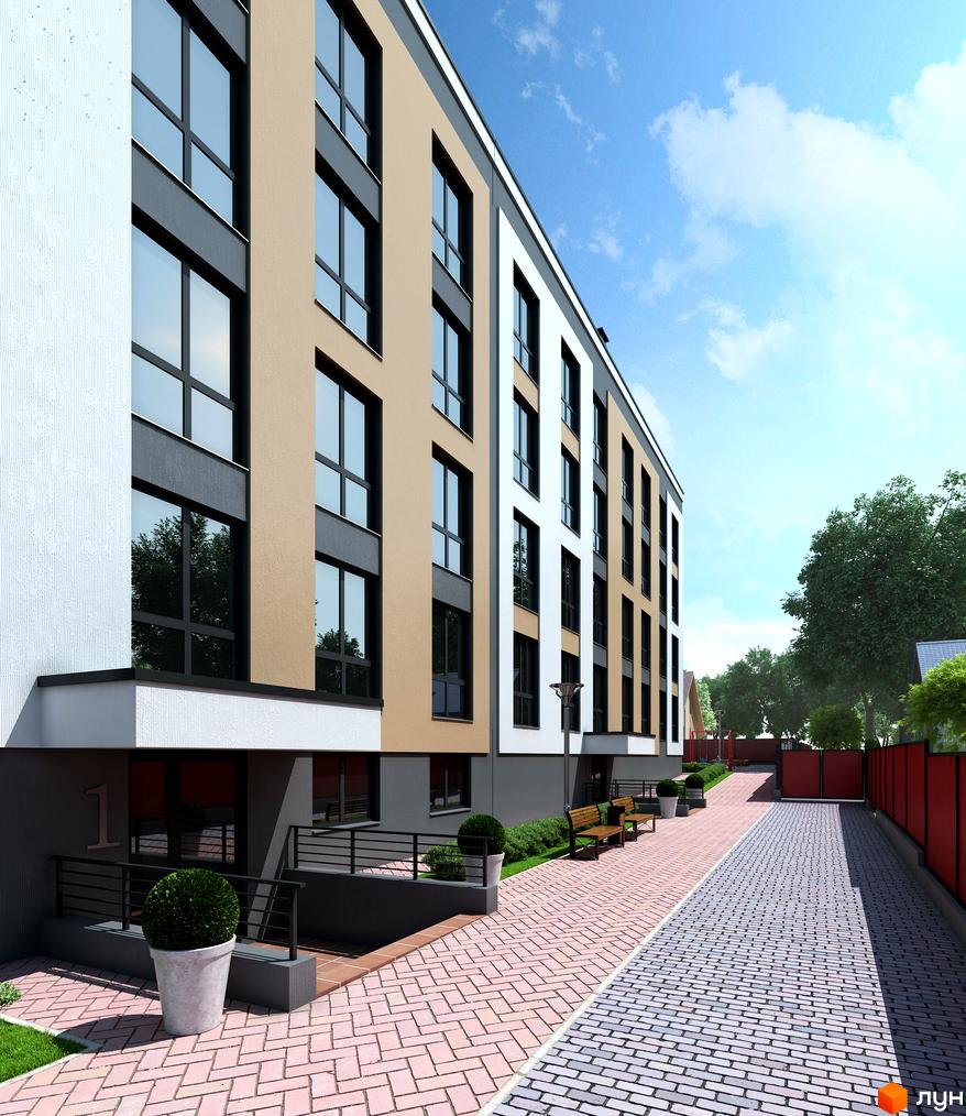 Житловий комплекс Елемент: багатоповерховий будинок зі світлим фасадом та великими вікнами, поруч вимощена доріжка та зелені насадження.