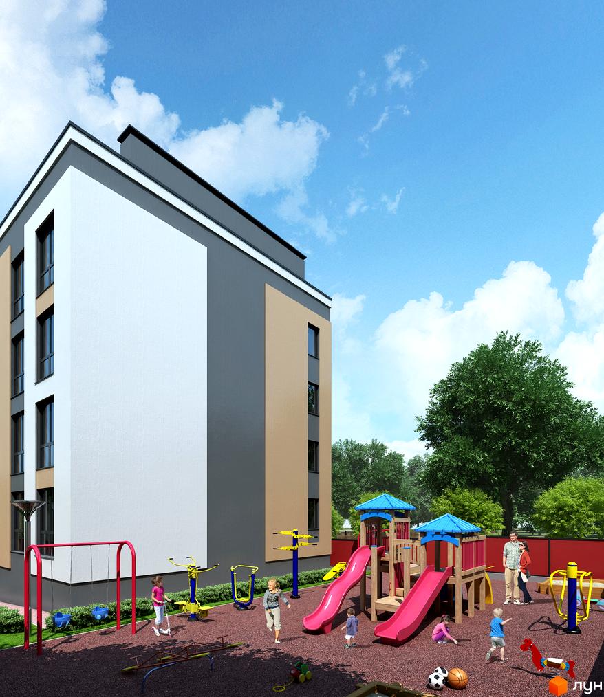 Житловий комплекс Element з дитячим майданчиком та прибудинковою територією. Багатоповерховий будинок з фасадом у світлих тонах на фоні блакитного неба.