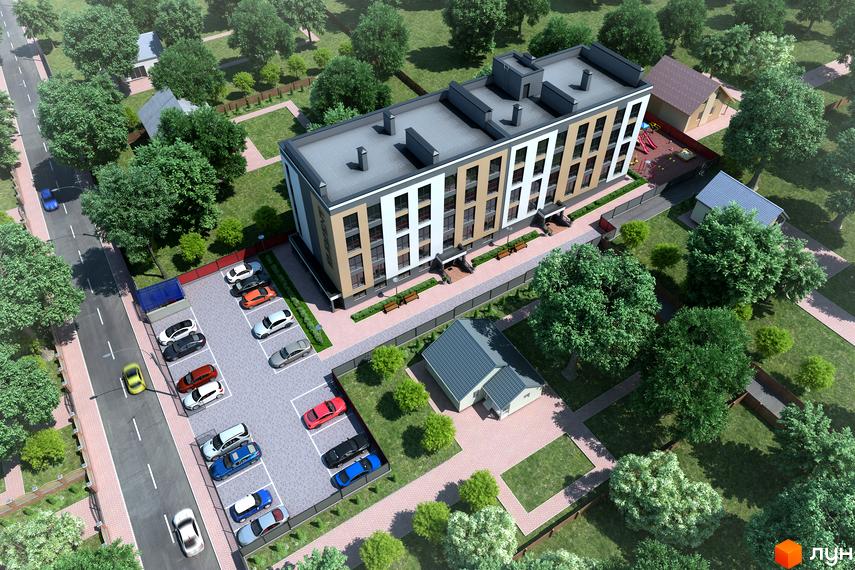 Багатоповерховий будинок Житлового комплексу Елемент з фасадами білого та бежевого кольорів. Поруч розташовані парковка, зелені зони та дитячий майданчик.