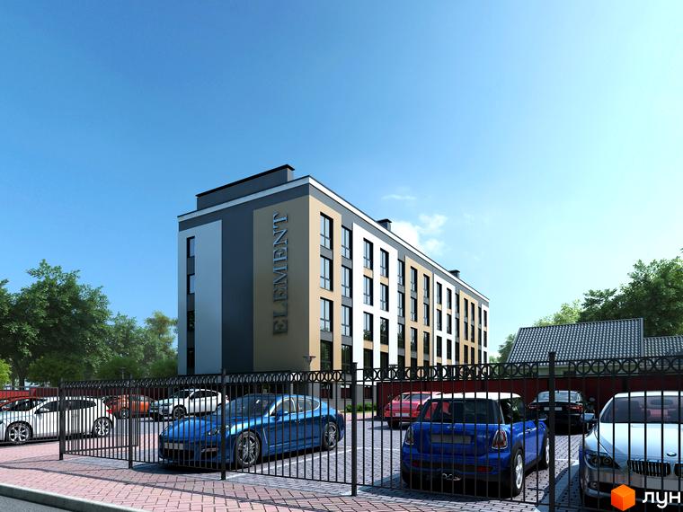 Фасад житлового комплексу Елемент виконаний у світлих та темних кольорах. Перед будинком розташований огороджений паркінг з автомобілями та зелені насадження.