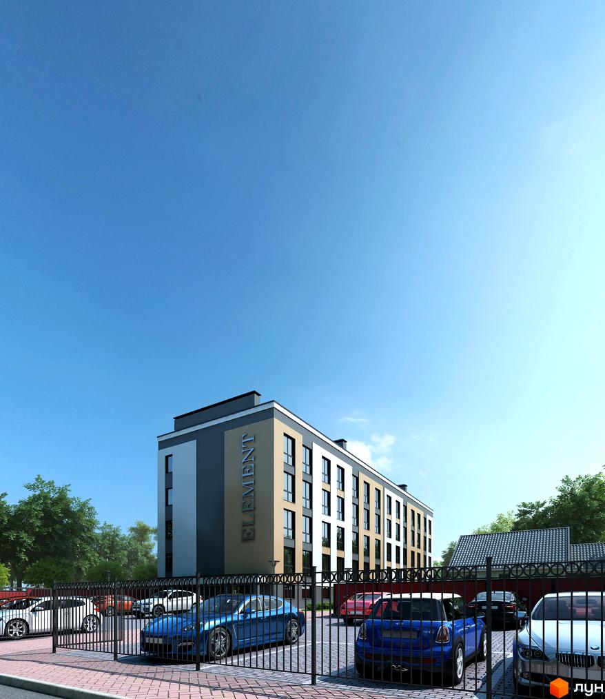 Житловий комплекс Element. Багатоповерховий будинок з парковкою та огородженою територією. На фасаді будівлі напис ELEMENT.