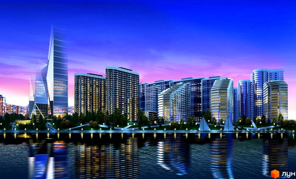 Житловий комплекс Зарічний: сучасний архітектурний ансамбль з висотними будинками та оригінальними фасадами на тлі вечірнього неба. Набережна з деревами та відображенням будівель у воді.